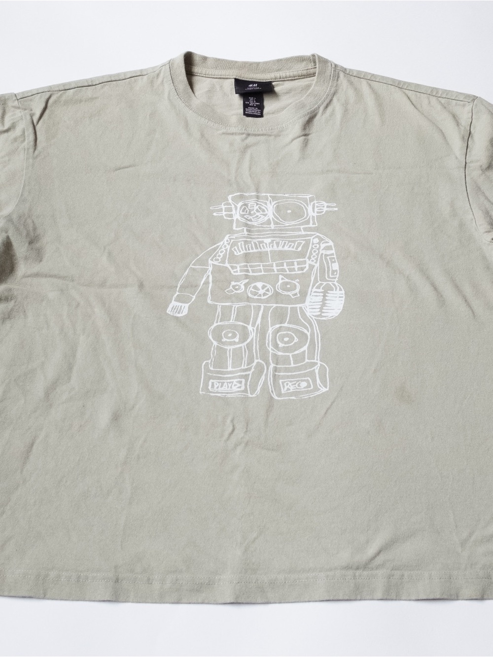 H&M Olive Green Short-Sleeve Tee with White Robot Sketch